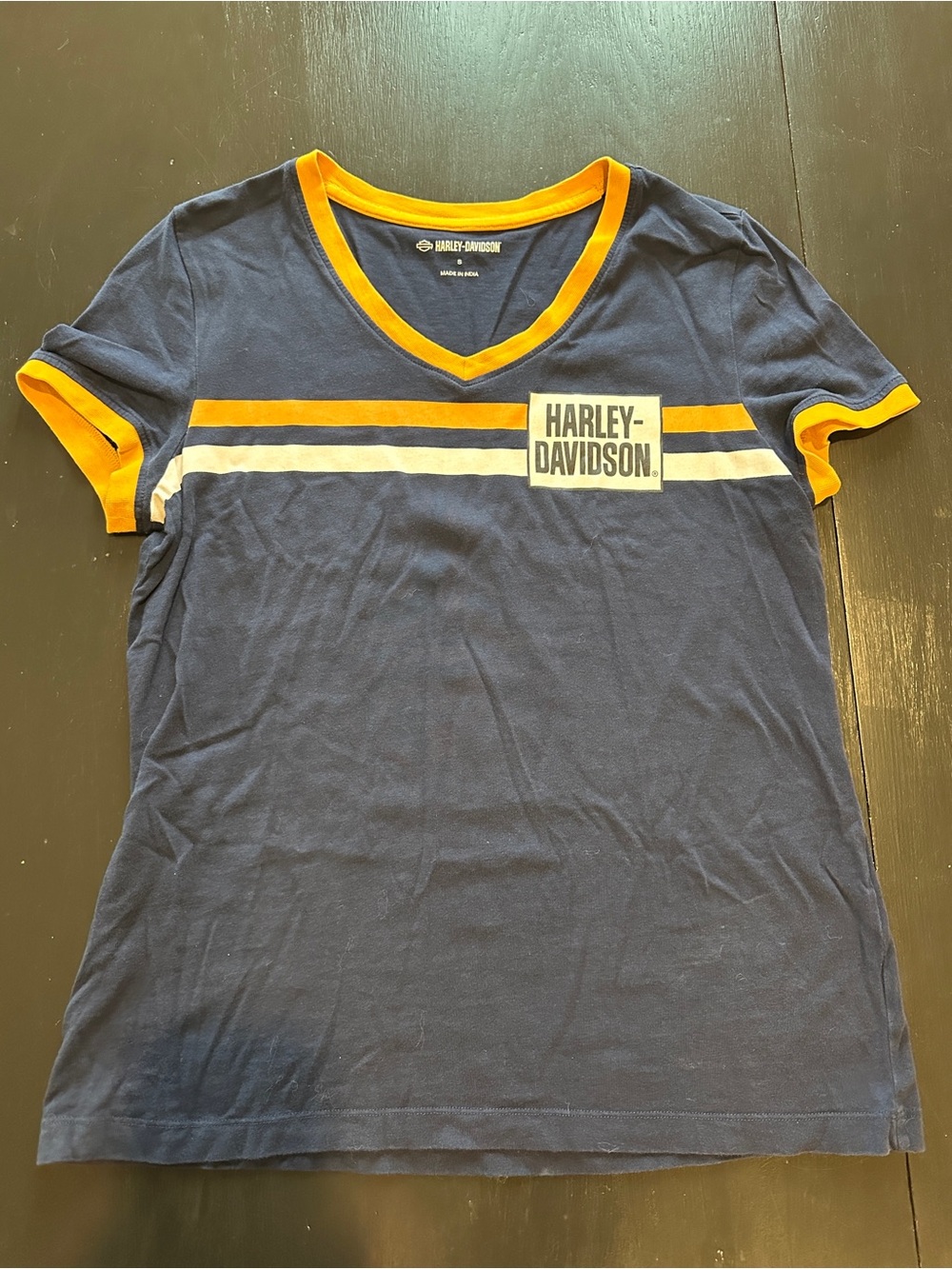 Harley-Davidson Women’s Navy, Yellow & White Striped V-Neck Tee